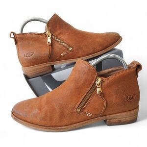 UGG Glee Leather Side Zip Ankle Booties Distressed Brown 1020262 Women's 8